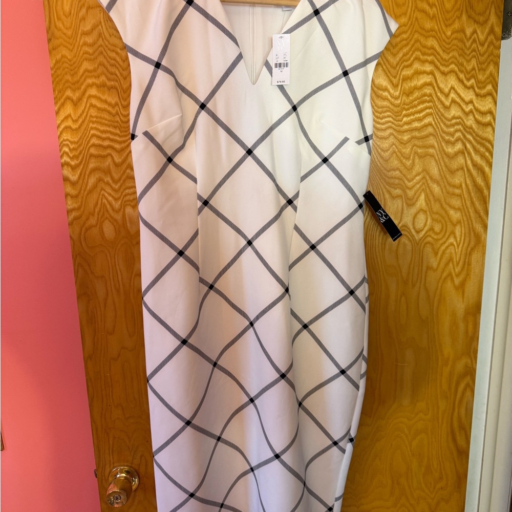 New York & Company White Dress with Gray Windowpane Check. Size 12
